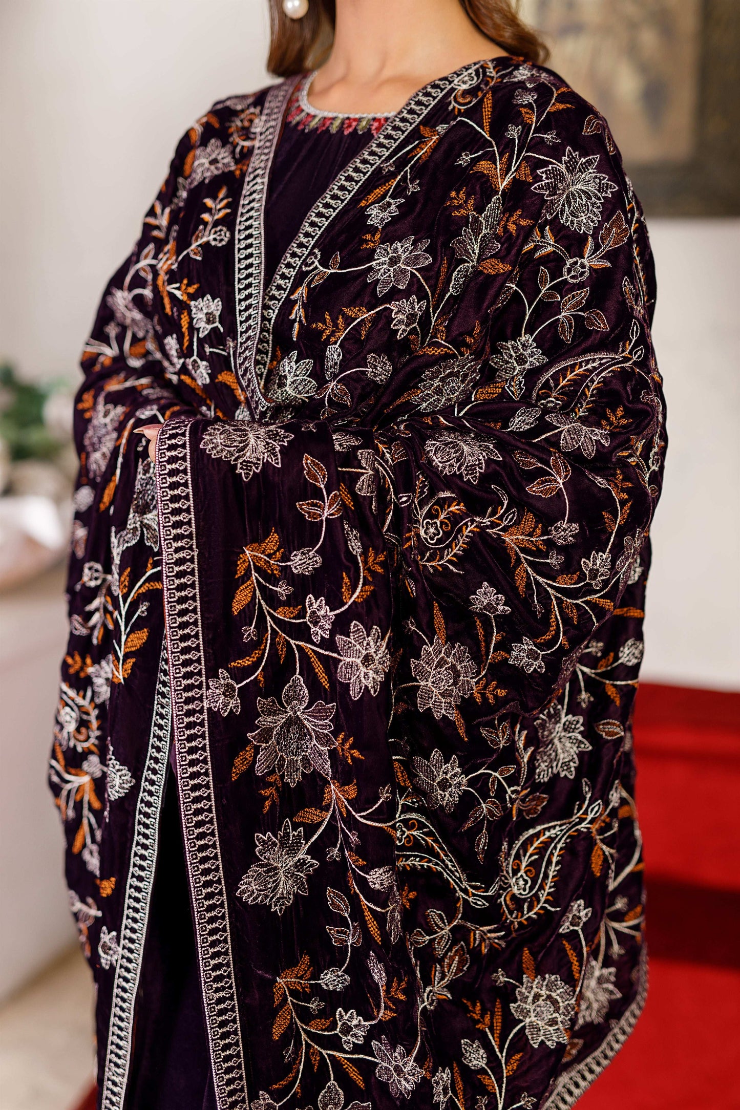 Purple Velvet Shawl with All-Over Tilla Embroidery